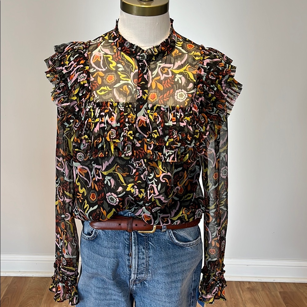 - Ted Baker black floral print with ruffles Ehllana size 8-10 Medium